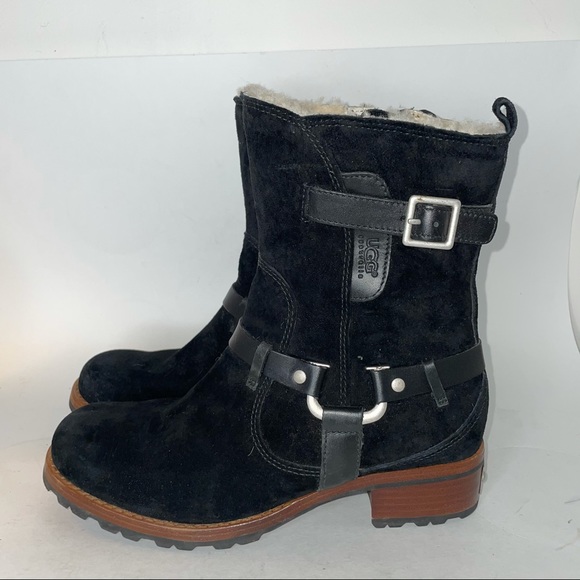 UGG Endell Suede & Shearling Harness Boots Black - Picture 2 of 10